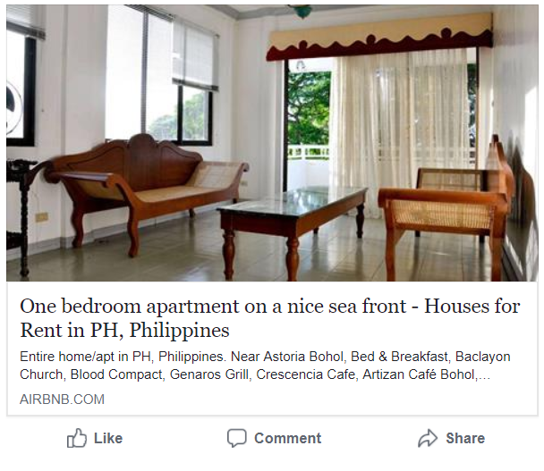 https://www.airbnb.com/rooms/17576101?s=3 One bedroom apartment on a nice sea front - Houses for Rent in PH, Philippines Entire home/apt in PH, Philippines. Near Astoria Bohol, Bed & Breakfast, Baclayon Church, Blood Compact, Genaros Grill, Crescencia Cafe, Artizan Café Bohol